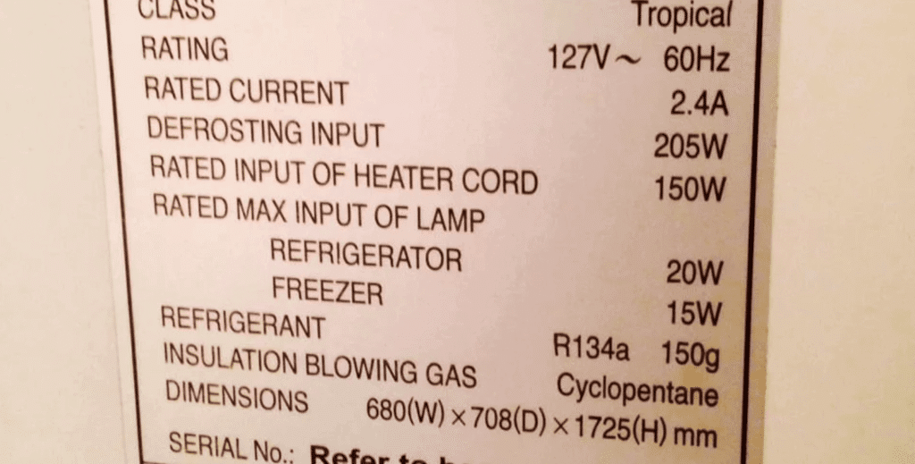 a guide sticker of watt used by refrigerator