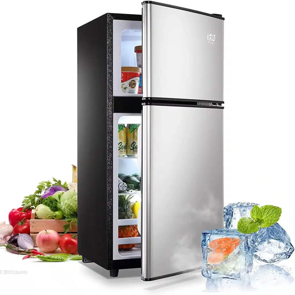 a silver color door fridge along with some fresh veges and fruits