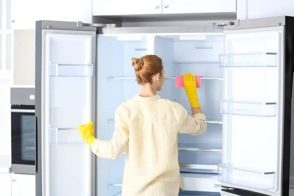 a lady cleaning the refrigerator with a microfiber cloth