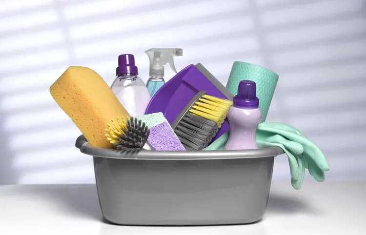 a tub having brushes foams and cleaning solutions