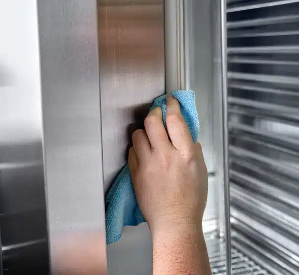 a person cleaning door seals of refrigerator