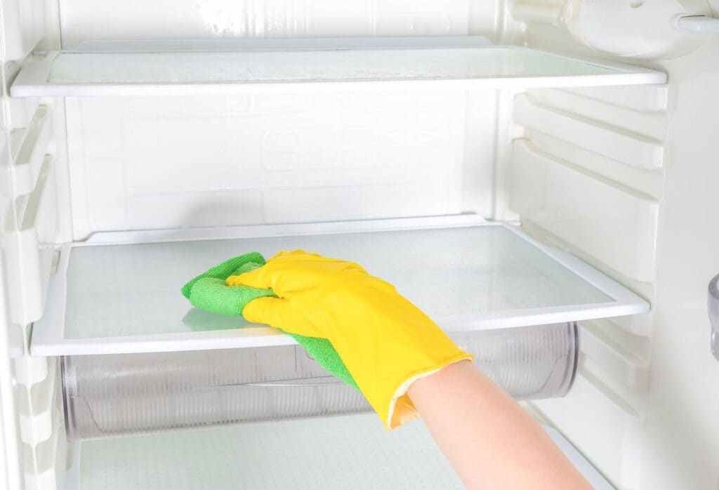 a person cleaning refrigerator from inside using a cloth