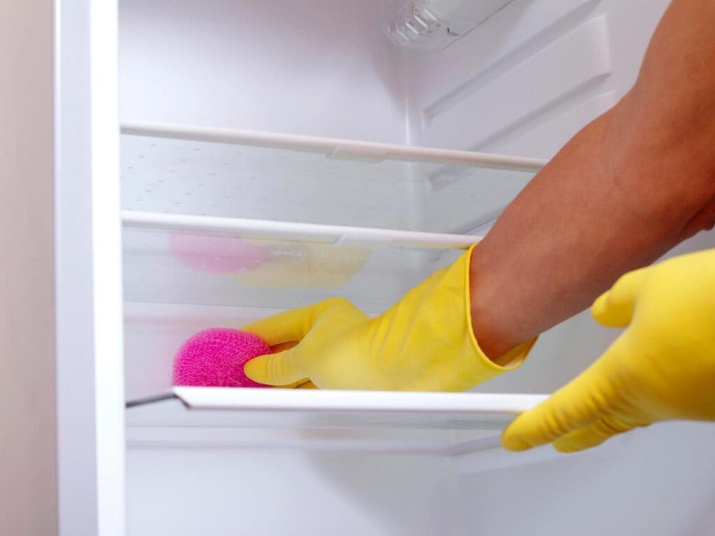 inside cleaning of fridge with a sponge