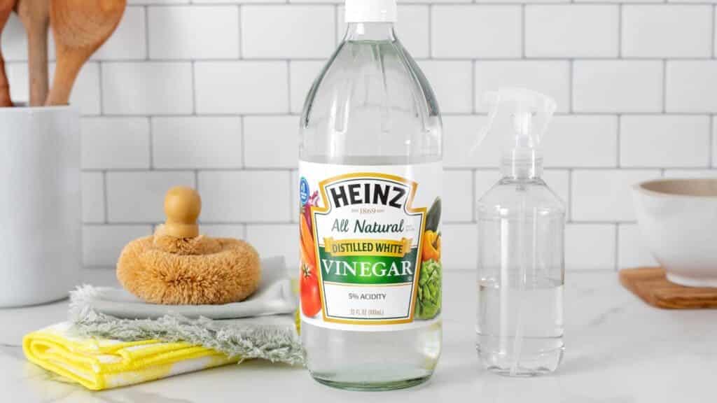 vinegar bottle, spray bottle and sponges and microfiber cloth for refrigerator cleaning