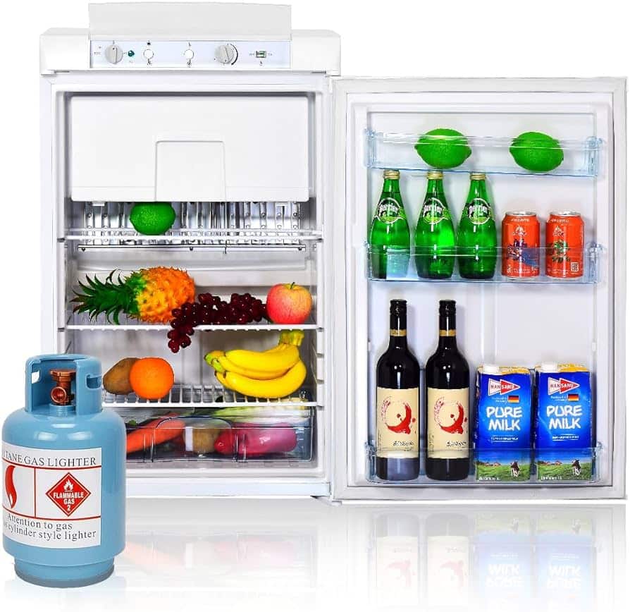 A view of a fridge opened with items alongside a propane gas cylinder