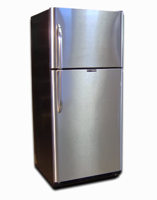 A view of a stainless steel ez propane fridge