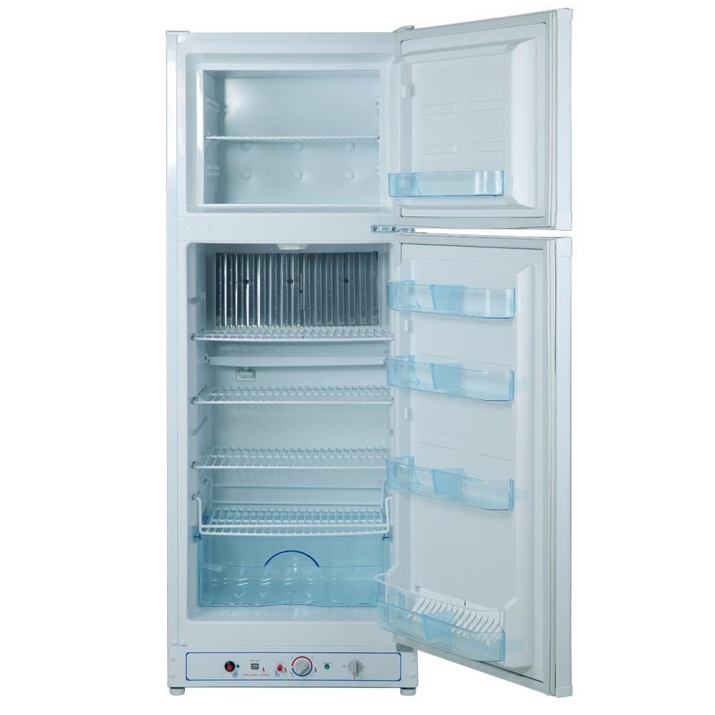 A view of an opened propane fridge