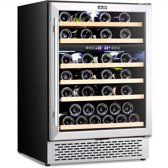 A view of bottle of wines stored inside a wine cooler