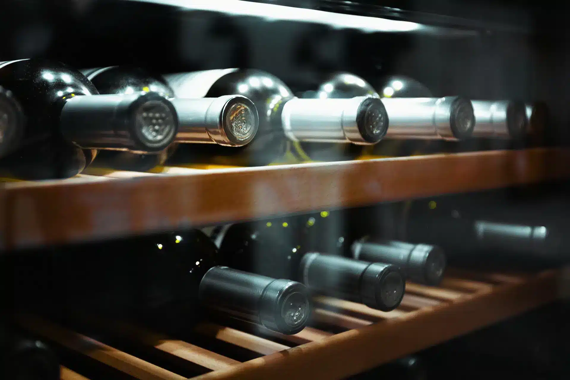 A view of wine bottles preserved behind a fridge glass