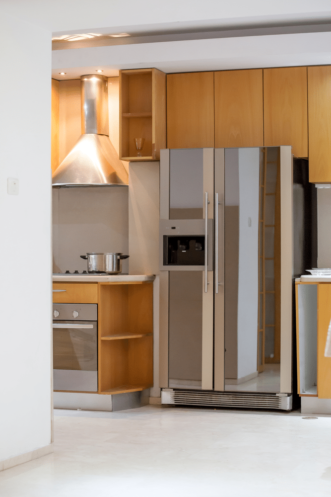 A view of a fridge in a kitchen