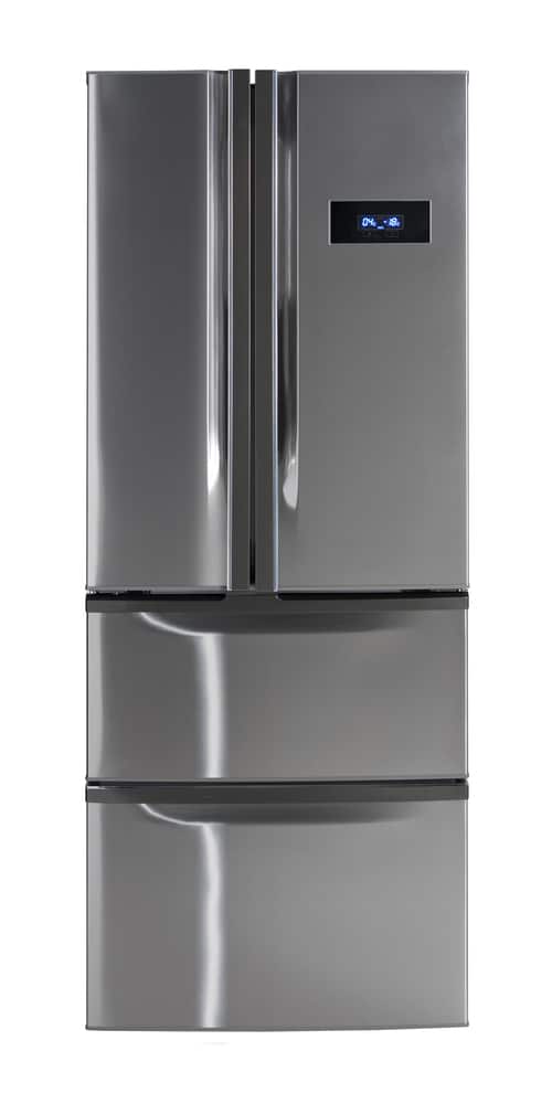 A view of a side by side refrigerator