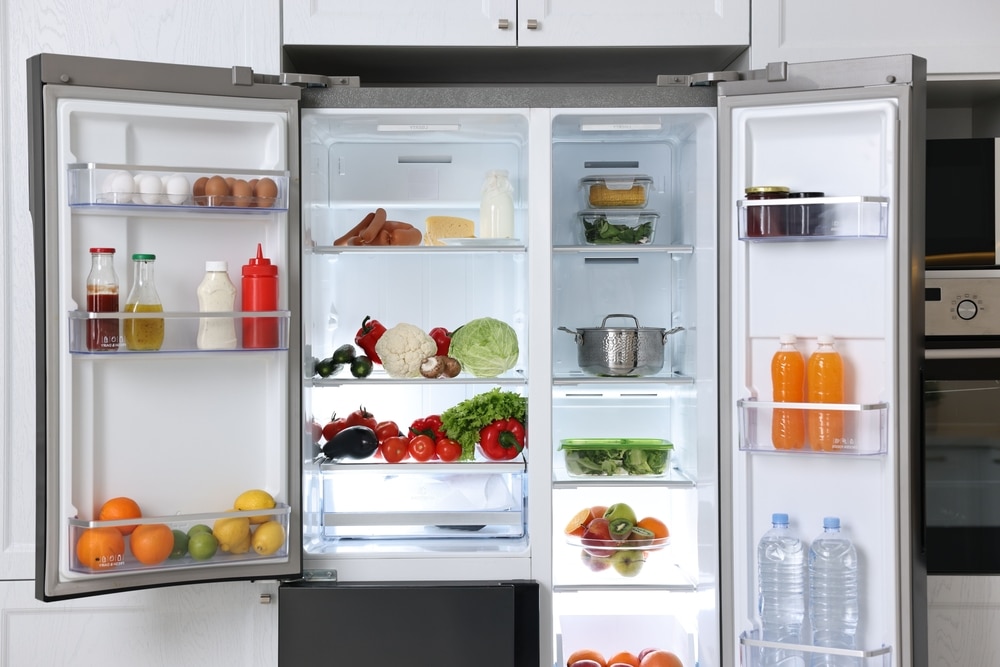 A front view of an opened fridge